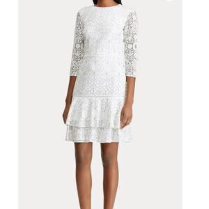 Lauren Ralph Lauren White Lace Dress Ruffle Hem Cocktail Party Ethereal Sz 0
